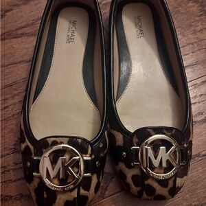 Michael Kors Leopard-Print Leather Ballet Flats with Gold MK Emblem